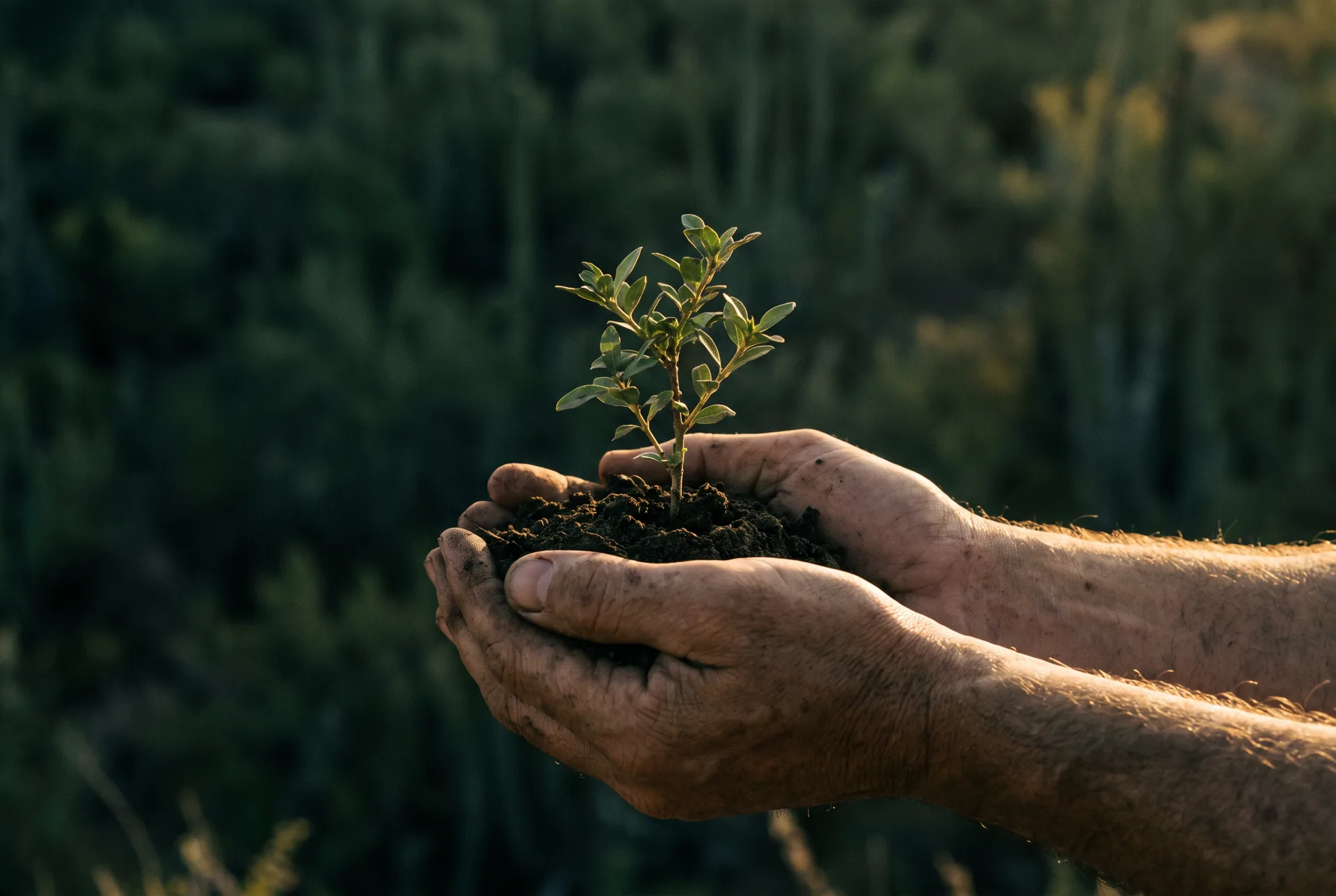 Illustration: hands cupping soil with a young sapling