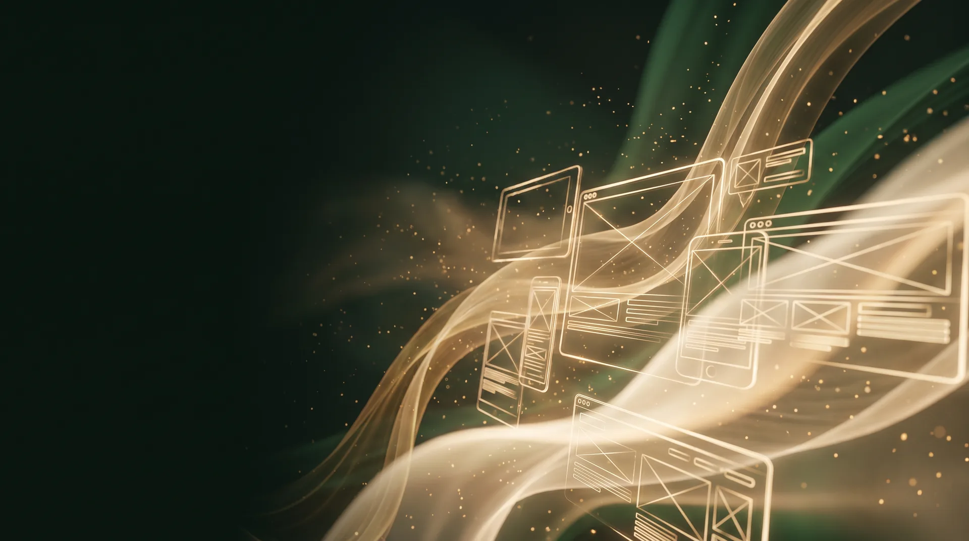Illustration: ribbons of golden light forming app and website wireframes