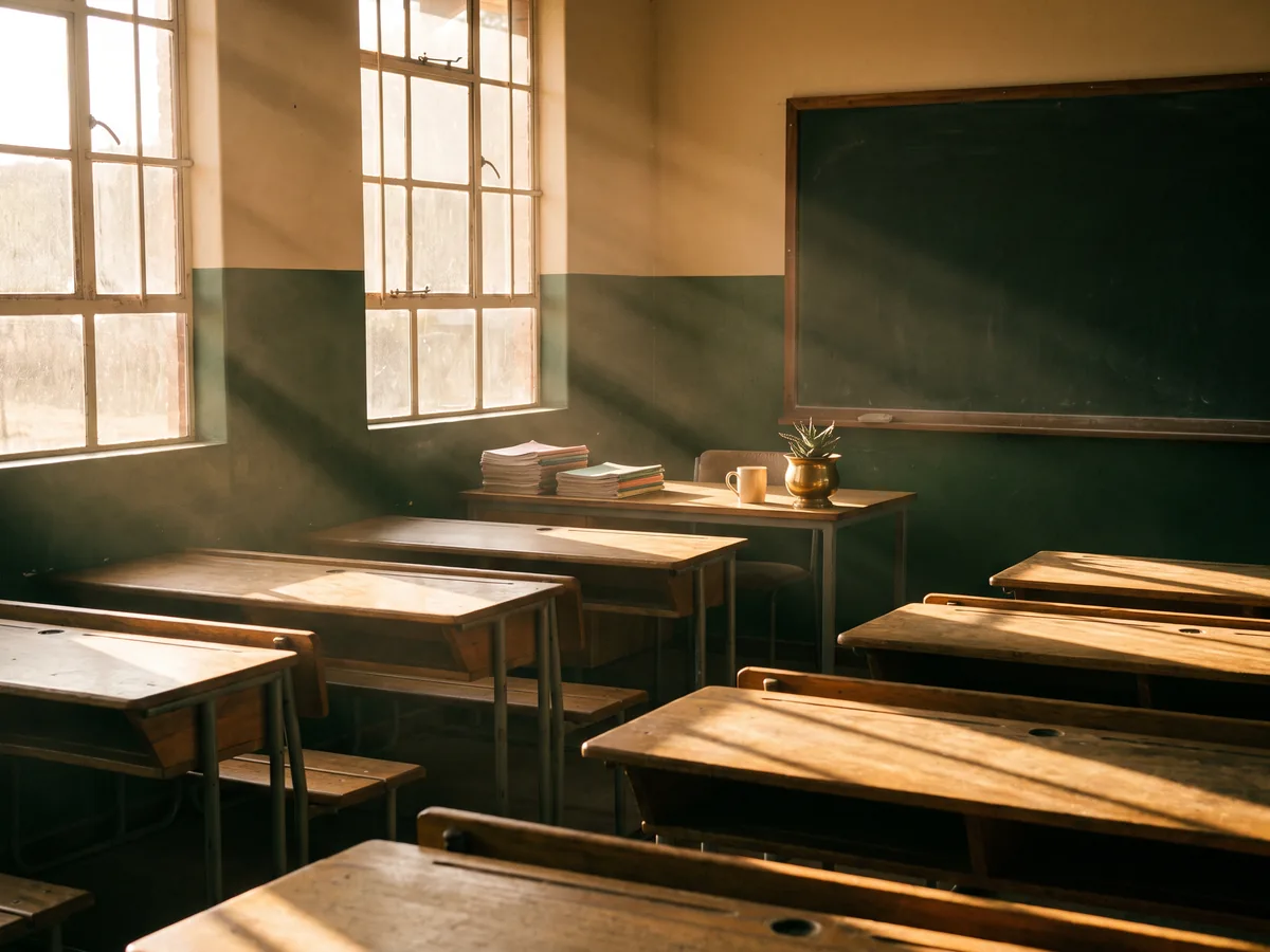 Illustration: an empty classroom in warm morning light