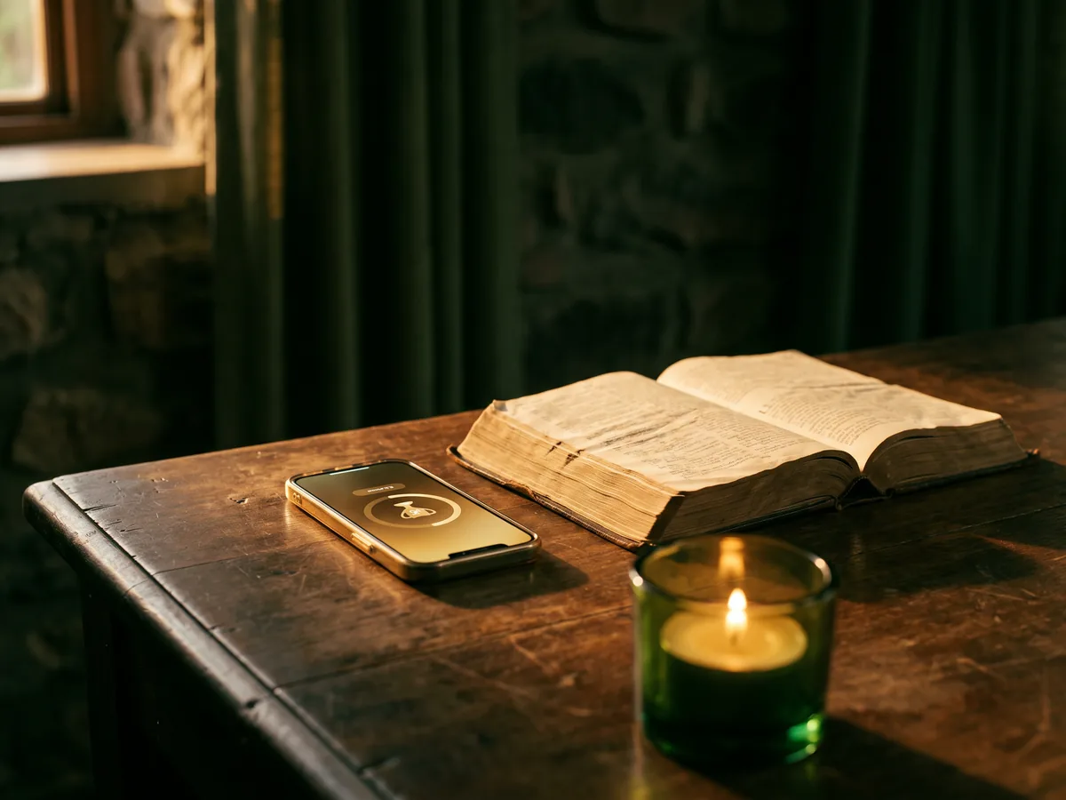 Illustration: an open Bible beside a phone showing progress rings