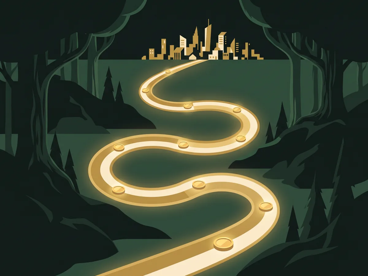 Illustration: a winding golden path with coin markers across a stylised landscape