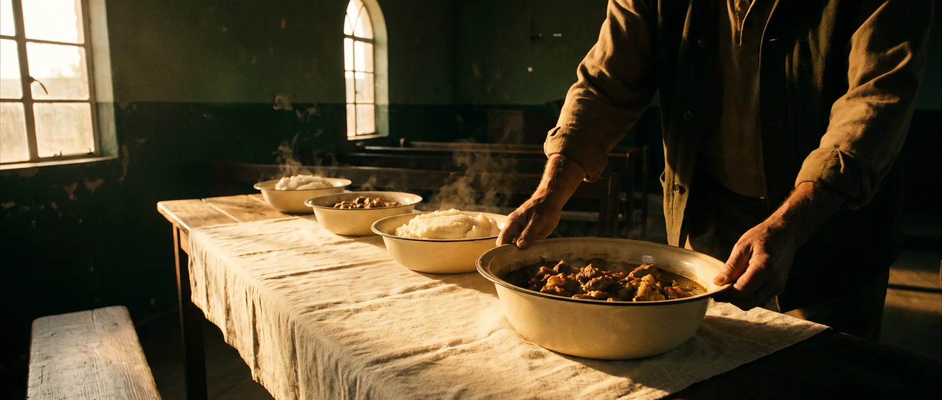 Illustration: bowls of food being served on a long table in a church hall